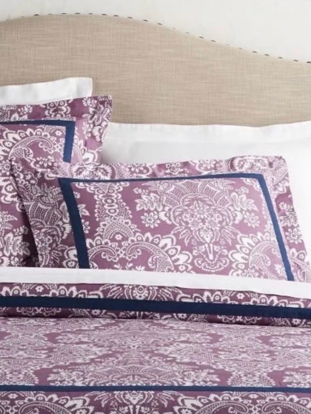 Pottery Barn Elaine Damask Purple Duvet Cover with Navy Trim Accents-King size